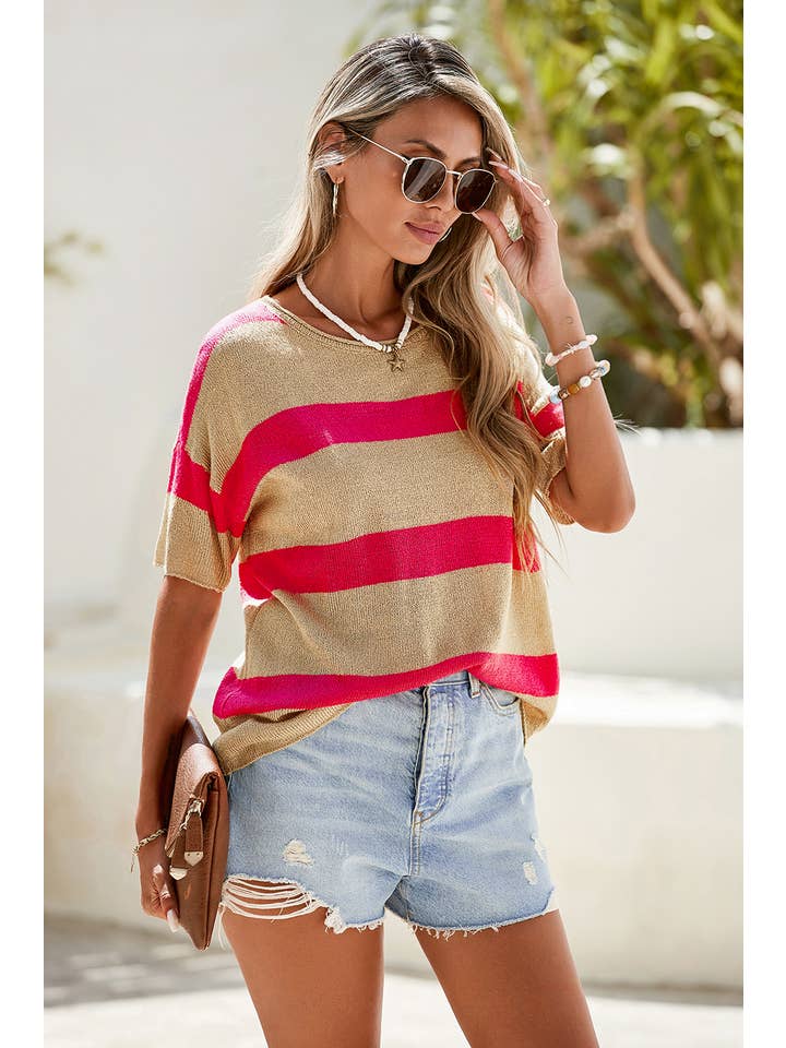 Pink LDC Stripe Colorblock Short Sleeve Crew Neck Sweater for wholesale on Faire