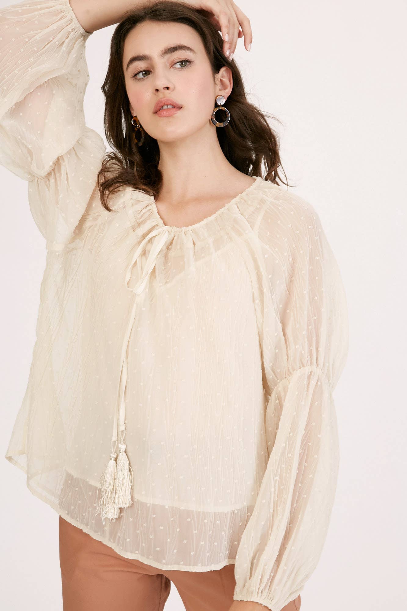 Champagne Swiss Dot Tassel Tie Blouse LT1016 for wholesale on Faire2