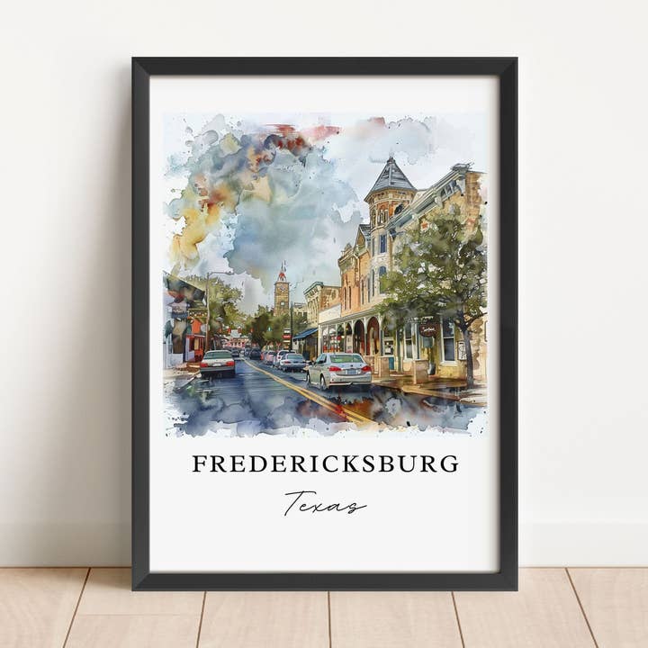 Arte da parete Fredericksburg TX, Stampa Fredericksburg, Acquerello Fredericksburg, Regalo Texas, per la vendita all'ingrosso da parte di Premium Travel Art