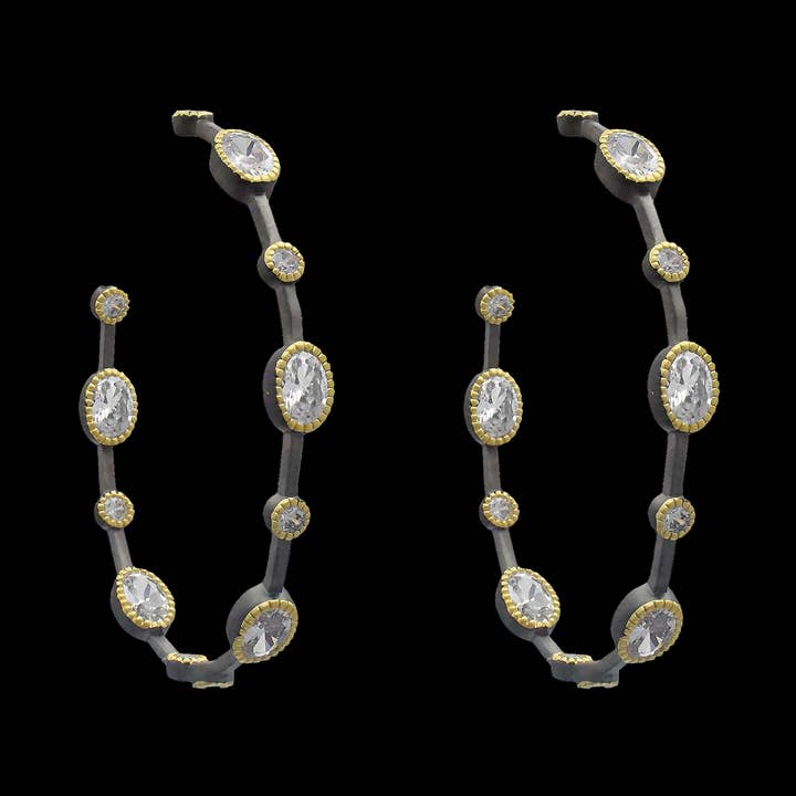 Hoop earrings with oval and circle adornments for wholesale by Be Je Designs