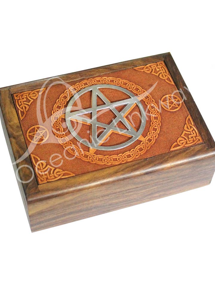 (PC)BOX - ACACIA WOOD LASER ENGRAVED PENTACLE 5 X 7" for wholesale by Oceanic Linkways Inc