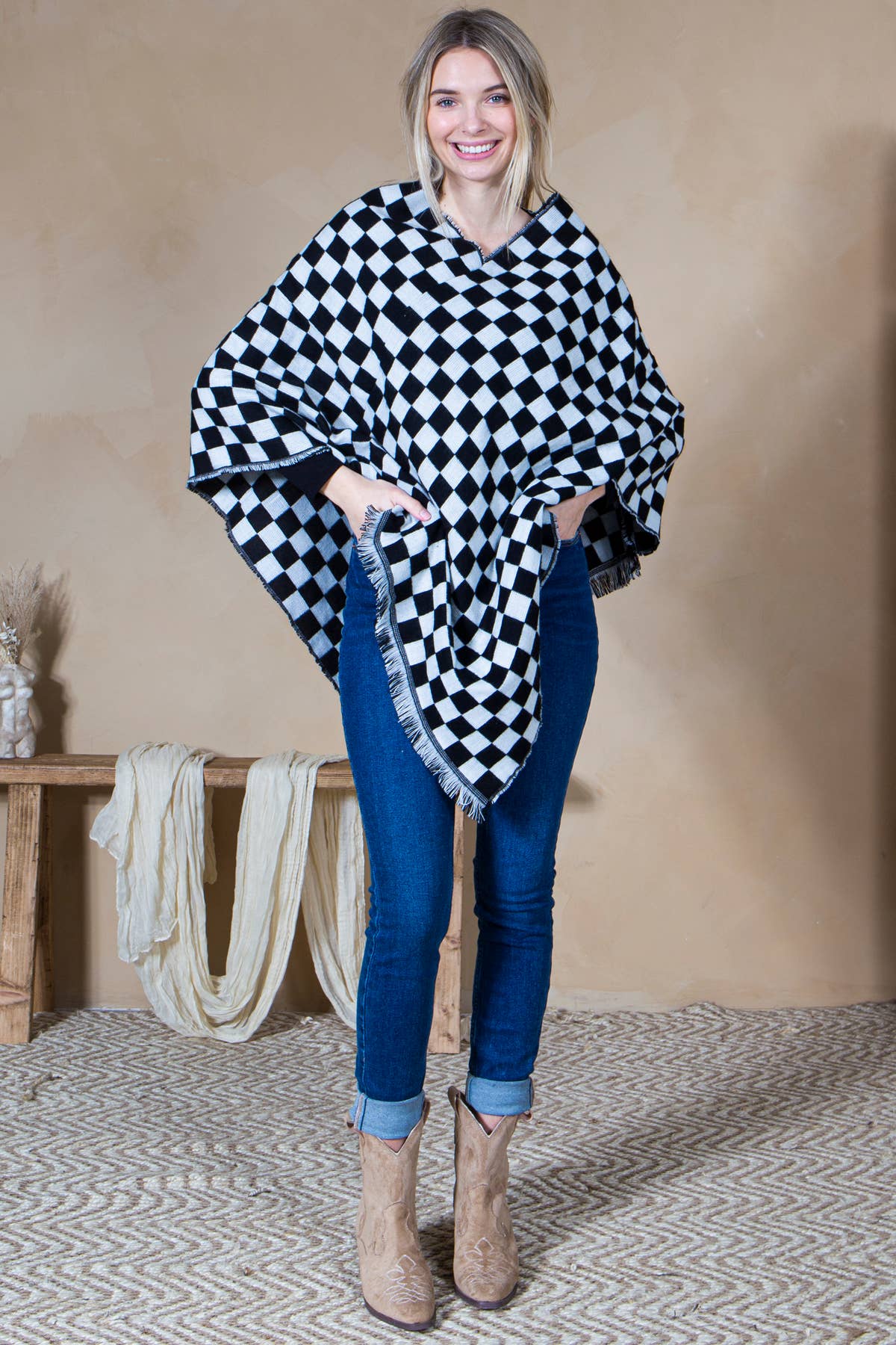 Loven x Mini Momo - Wholesale Mommy & Me Sets - Mommy and Me Matching Cape Blanket Poncho - Checkered0