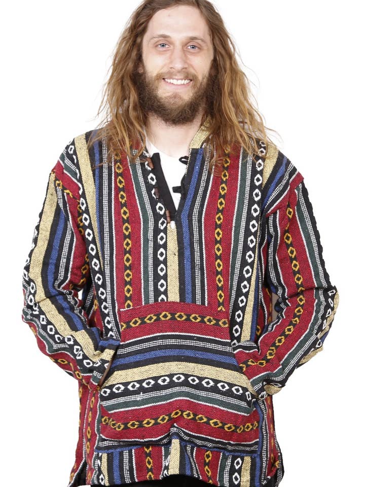 Gewebter Kapuzenpullover im Baja-Stil rot/blau für den Großhandel von Sunshine Joy