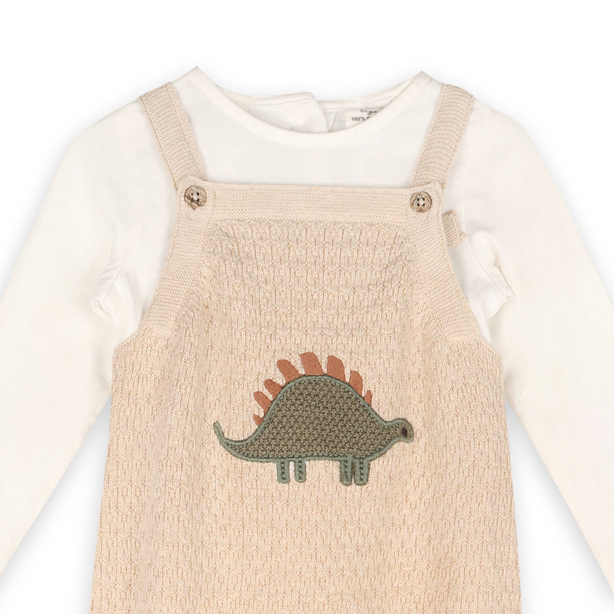 Haferflocken-Heide Dino Besticktes Baby-Strick-Overall-Set (Bio) für den Großhandel auf Faire1