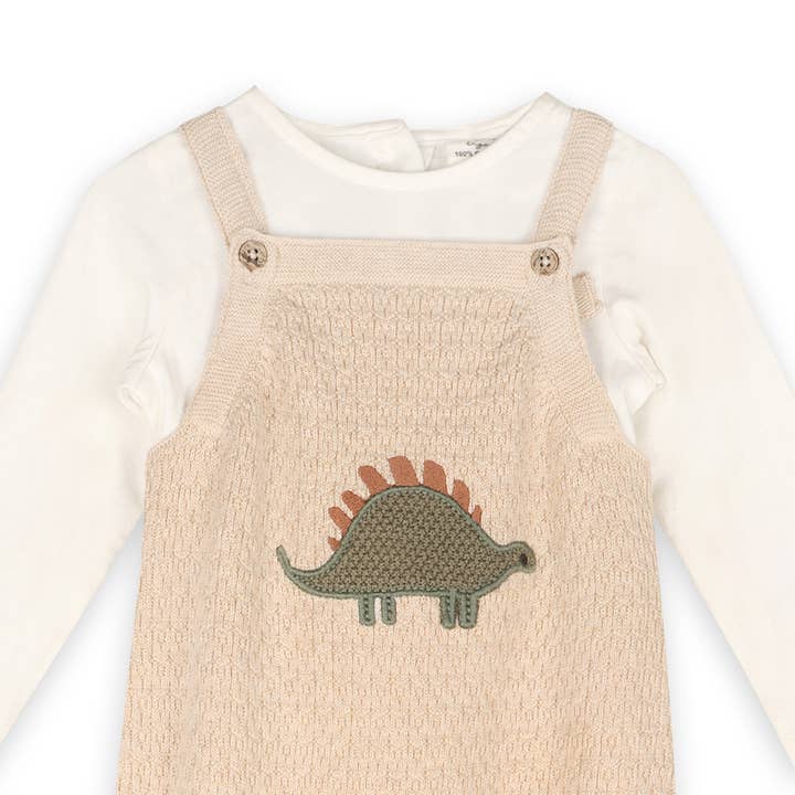 Oatmeal Heather Dino Embroidered Baby Knit Overall Set (Organic) for wholesale on Faire1