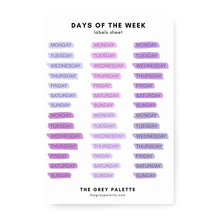 Purple Week Days Sticker Sheet for wholesale by The Grey Palette