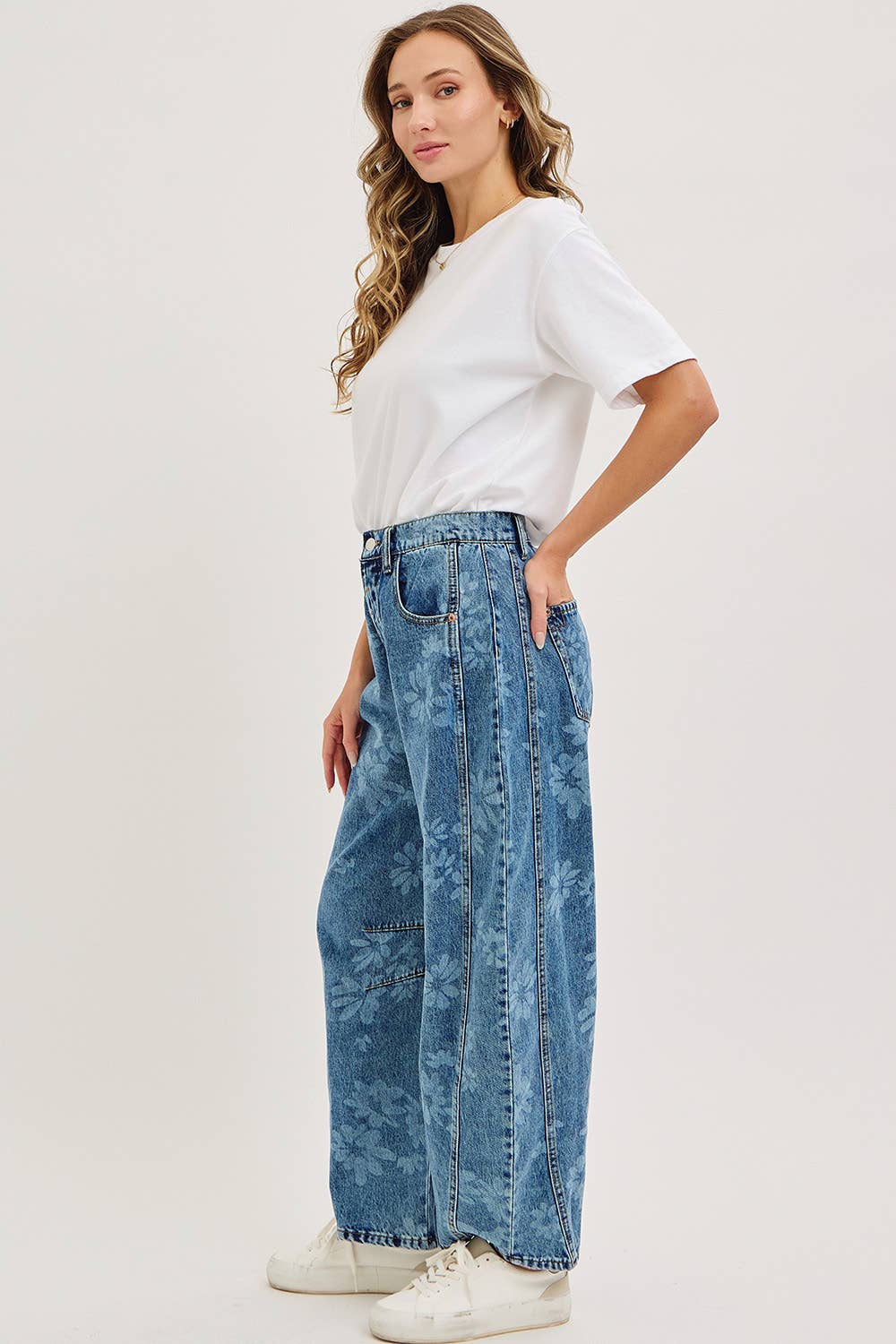 FLORAL PRINT DENIM BARREL JEANS for wholesale on Faire5