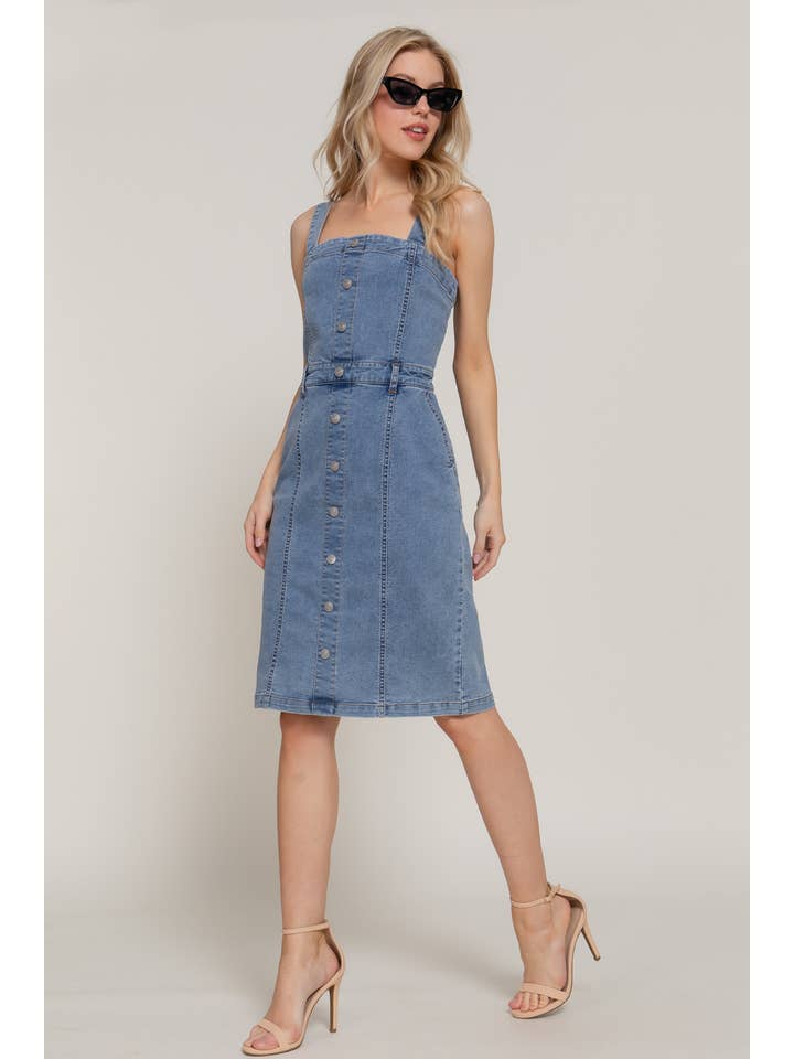 Straight Neckline Button Down Placket Stretch Denim Dress for wholesale on Faire3