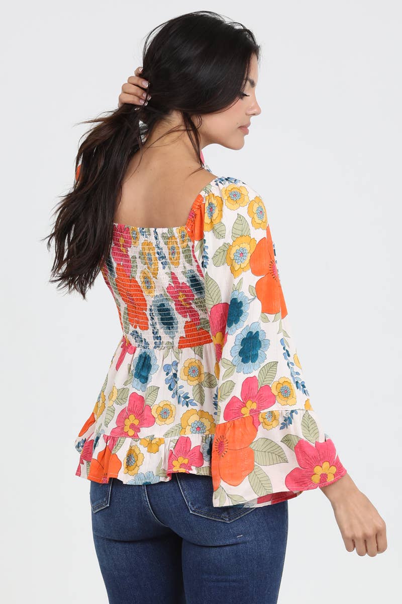 ANGIE - Wholesale Blouse - Women's - C2584-FQ94 V NECK SMOCKED BUST WIDE BELL SLEEVE FLORAL BLOUS2