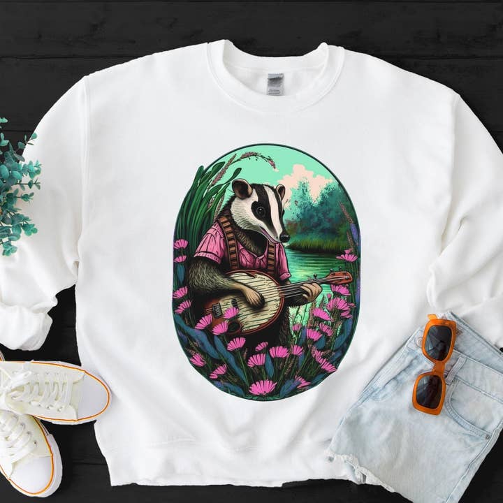 Vivtrek - Wholesale Graphic Sweatshirt - Unisex - Badger Playing Banjo Cottagecore Musician Sweatshirt