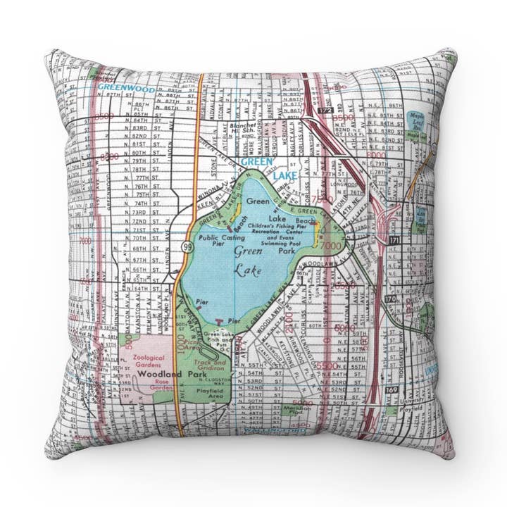 Green Lake Seattle Washington Map Pillow for wholesale by Daisy Mae Designs