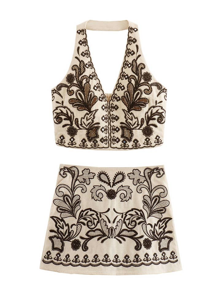 BEIGE Floral Print Halter Top and Mini Skirt Set for wholesale on Faire
