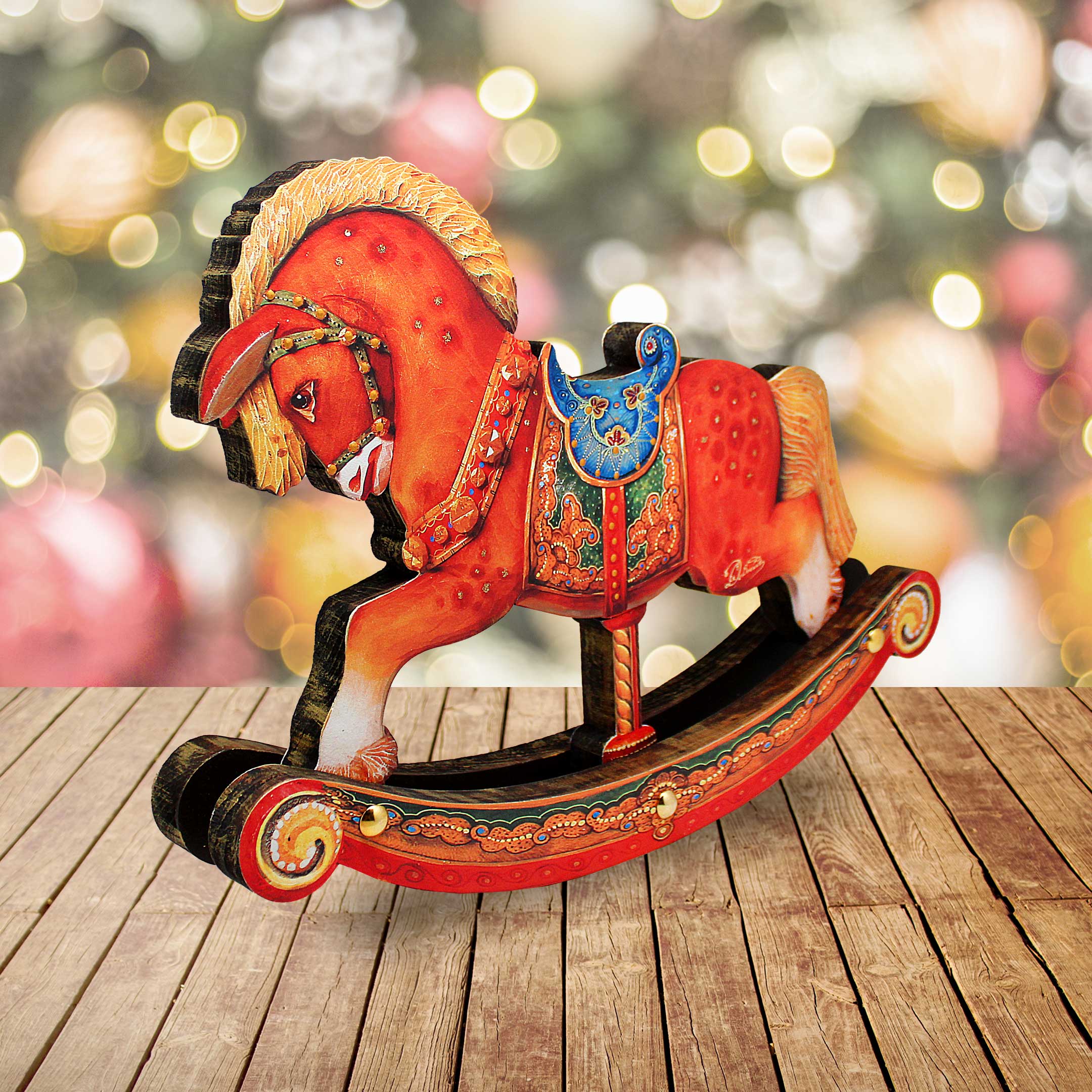 Designocracy - Wholesale Christmas Decoration - Rocking Horse Decorated Wooden Centerpiece Figurine DeBrekht2