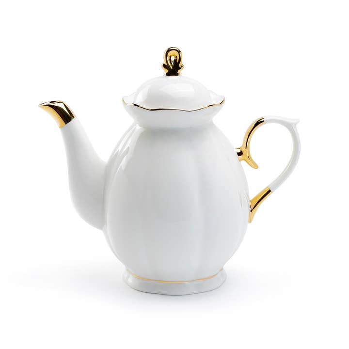 Grace Teaware - Wholesale Tea Pot - White Gold Scallop 40oz Fine Porcelain Teapot