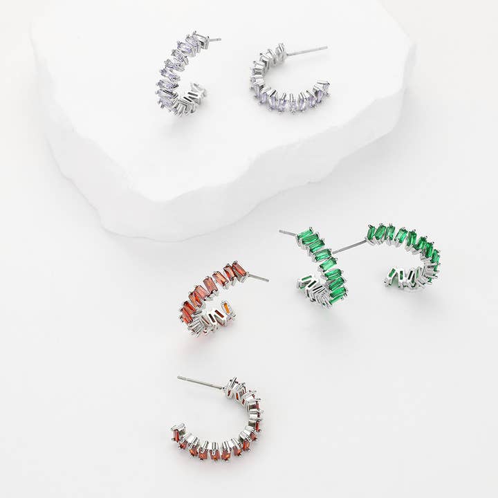 Wona Trading, Inc. - Wholesale Hoop Earrings - Baguette CZ Stone Hoop Evening Earrings