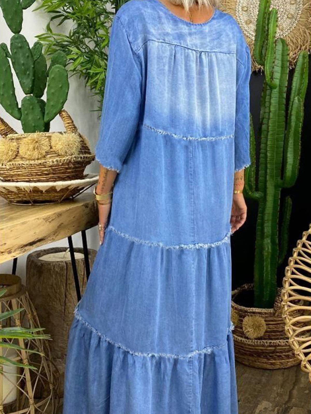 BLUE Half Sleeves Loose Fringed Pleated Split-Joint V-Neck Maxi Dresses for wholesale on Faire2