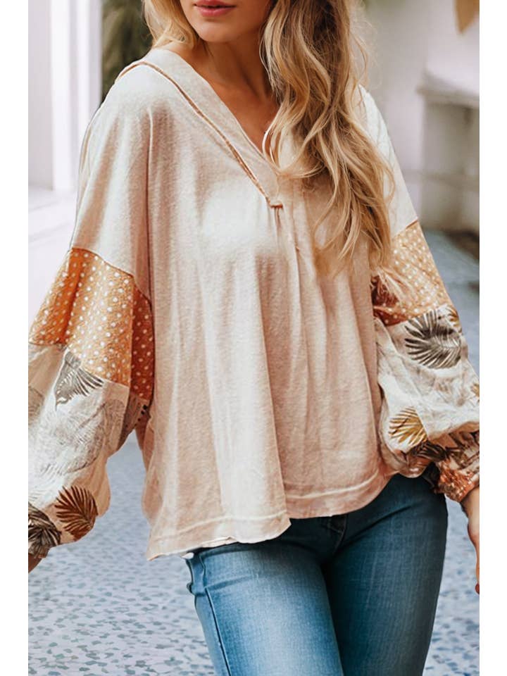 Jet Stream LDC Polka Dot Puff Sleeve Patchwork V Neck Loose Blouse for wholesale on Faire