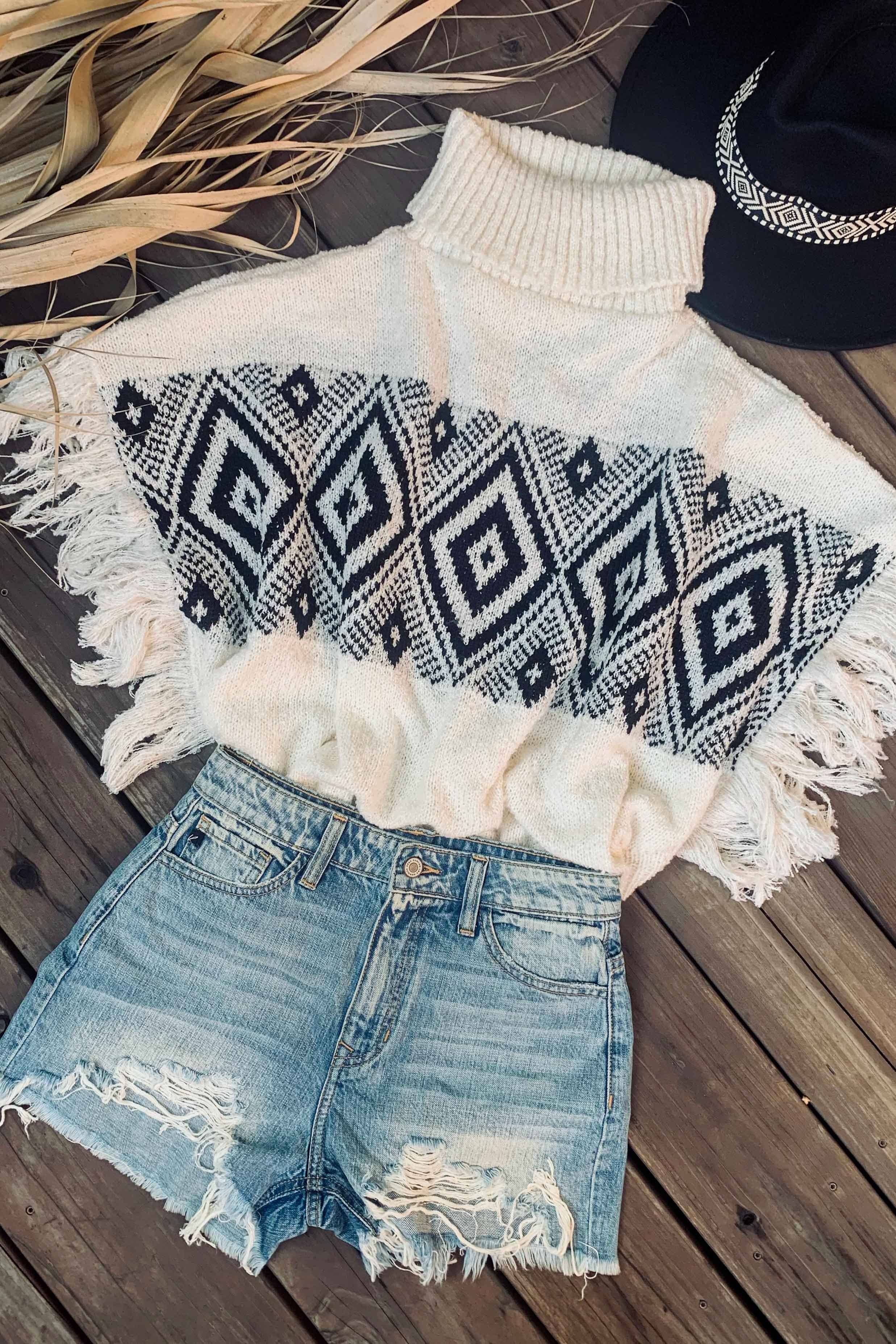 AMOLI - Wholesale Knit Sweater - Women's - Aztec Printed Turtleneck Fringe Light Weight Soft Poncho4