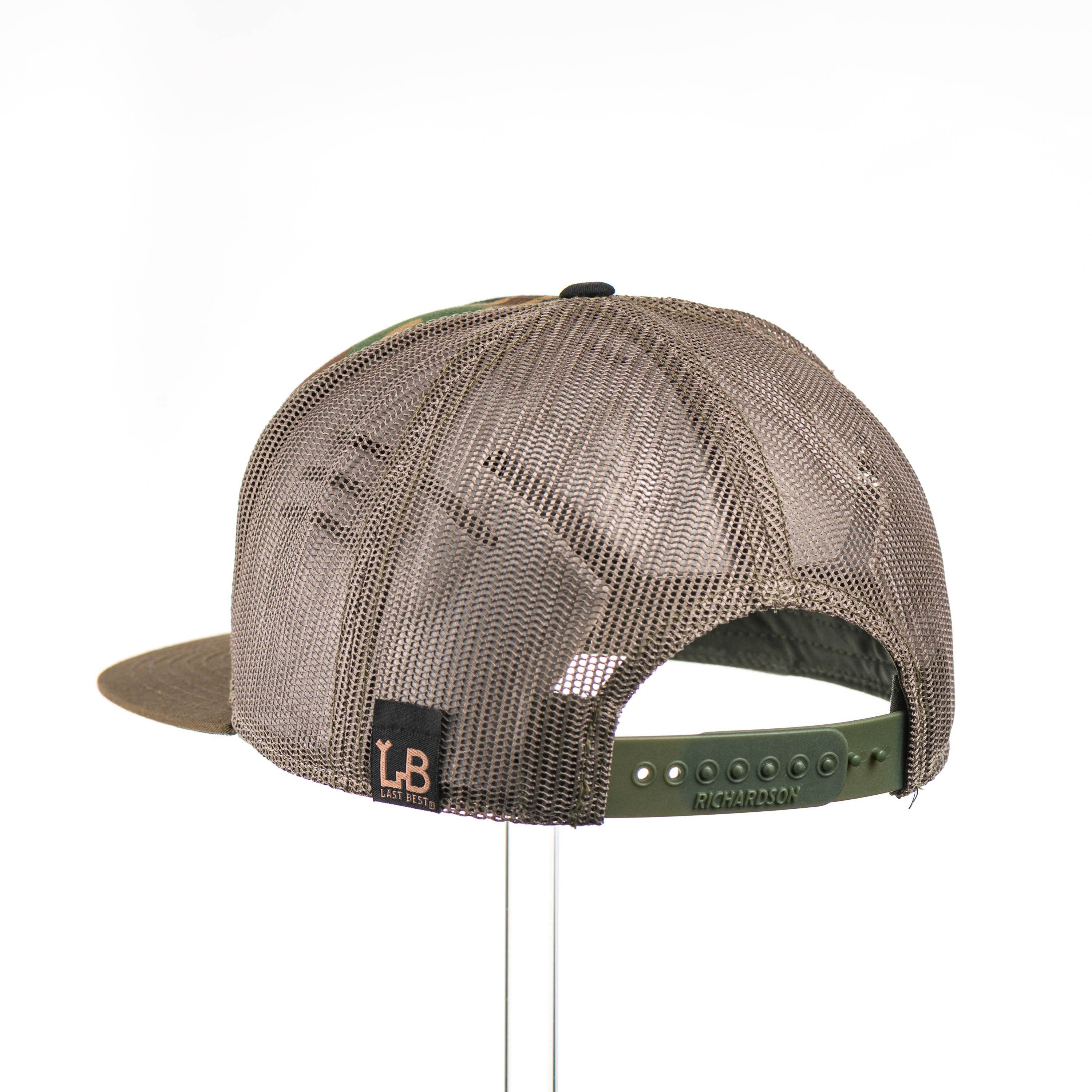 Last Best Supply Co - Wholesale Trucker Hat - Unisex - Mahogany Wood Bigfoot American Flag Patch Camo Flat Bill Hat3