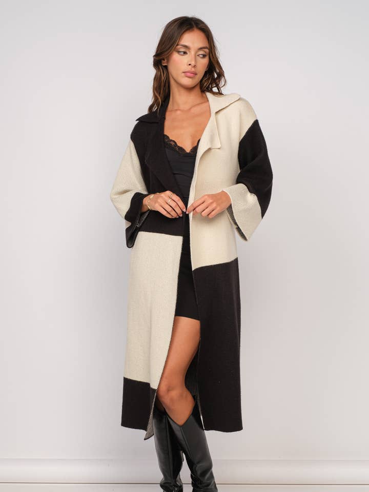 Black Block BLACK-IVORY PATCH PRINT LONG CARDIGAN SWEATER for wholesale on Faire