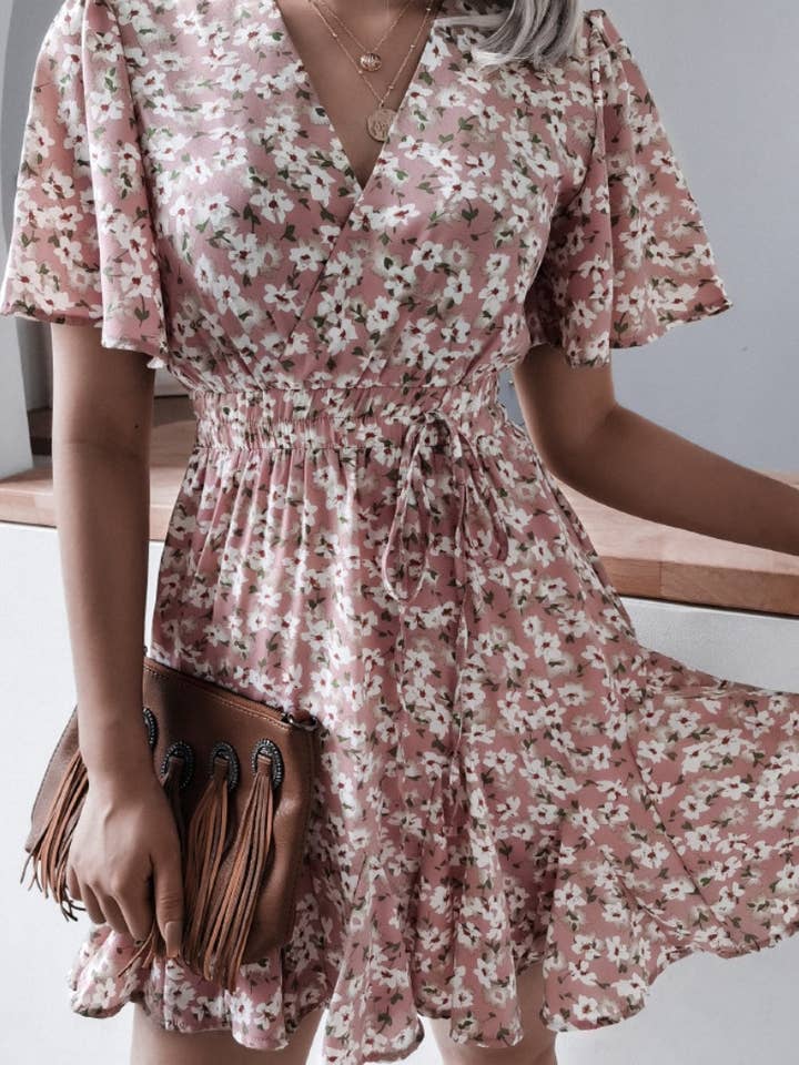 NINEXIS - Wholesale Dress - Women's - CWDSD4717_V-NECK FLORAL RUFFLED PLEATED DRESS SHORT1