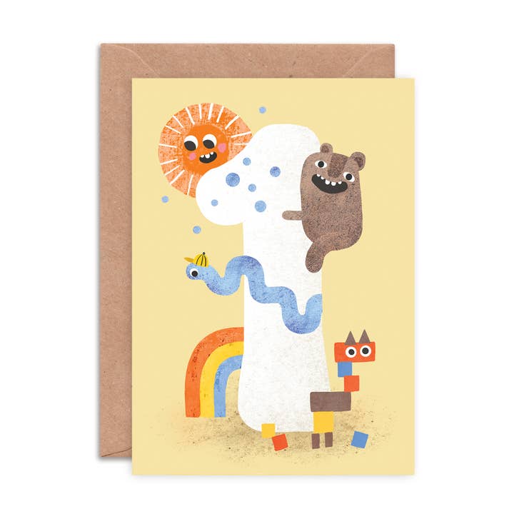 Age One Crazy Critters Greeting Card | Kids Birthday Card for wholesale by Emily Nash Illustration Greeting Cards