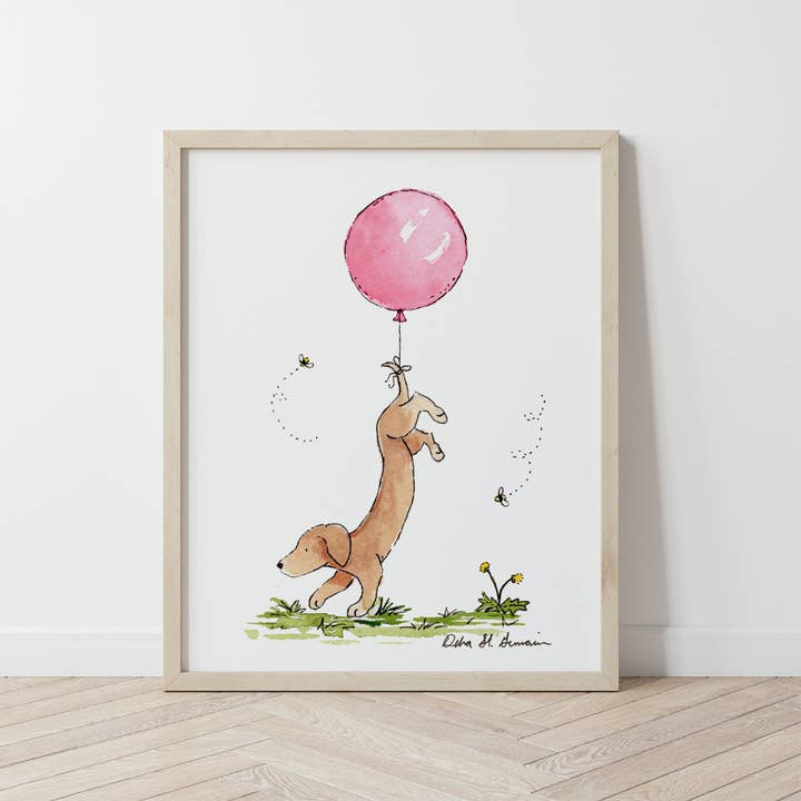 Impression d'art de teckel avec ballon rose, art de chambre de bébé chiot, cadeau de chien saucisse pour la vente par Jasper and Ruby