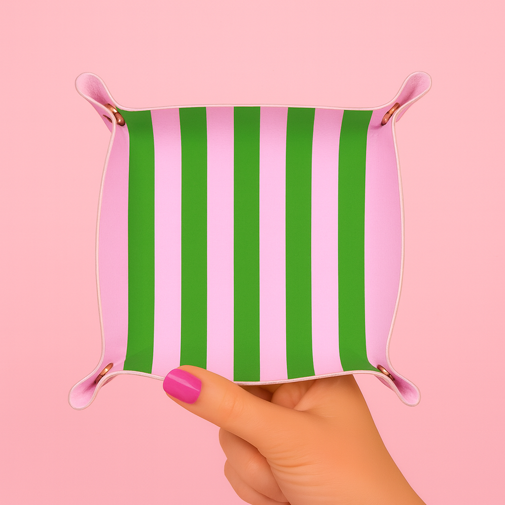 Aspen Lane - Wholesale Jewelry Dish - Cute trinket gift tray catchall | pink & green stripe2