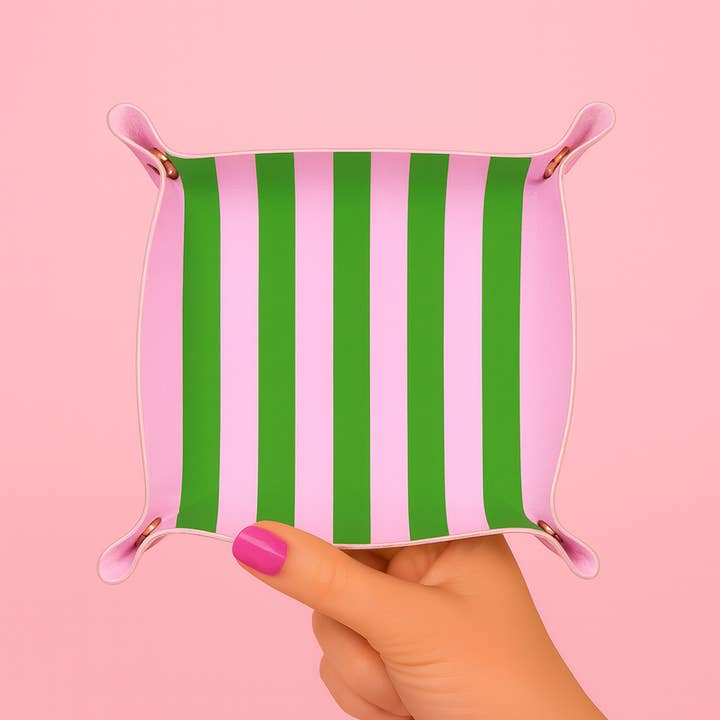 Aspen Lane - Wholesale Jewelry Dish - Cute trinket gift tray catchall | pink & green stripe2