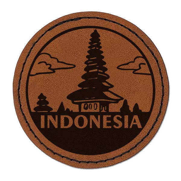 Indonesia Floating Temple Country Destination Round Iron-On Engraved Faux Leather Patch Applique - 2.5 Inch - Brown for wholesale by Sniggle Sloth