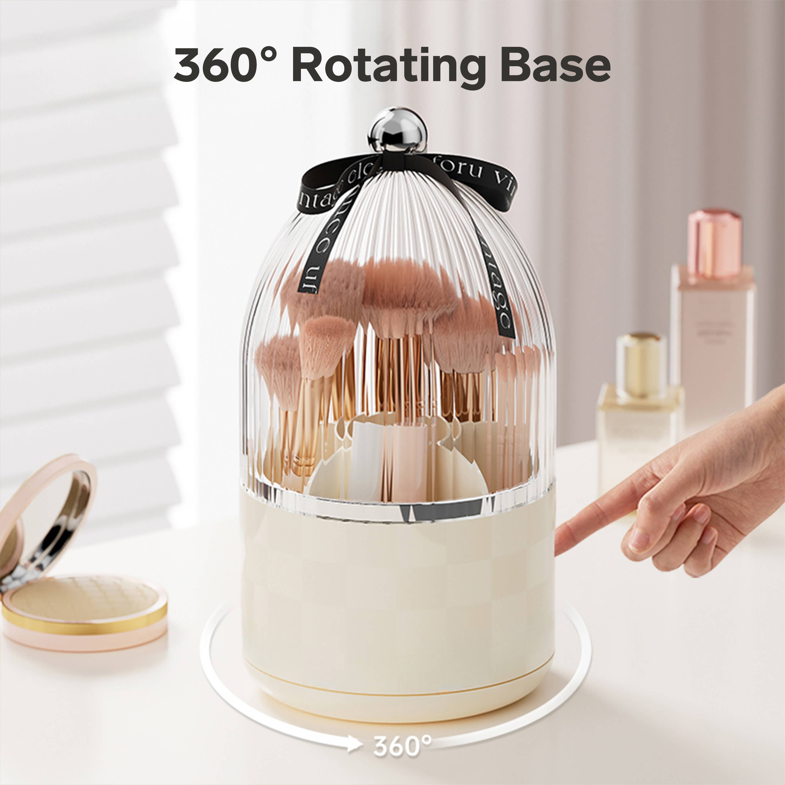 LivingTaste Home Inc - Wholesale Makeup Storage Box - Makeup Brush Holder with Lid, 360° Rotating in Beige White1