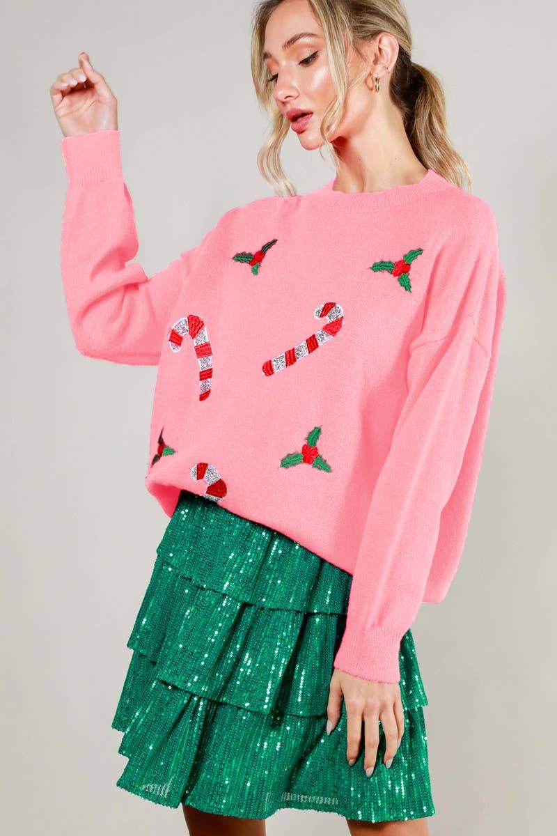 Vine & Love - Venta al por mayor Jersey de punto - Mujer - Jersey con cuello redondo adornado con lentejuelas de bastón de caramelo VT81743B12