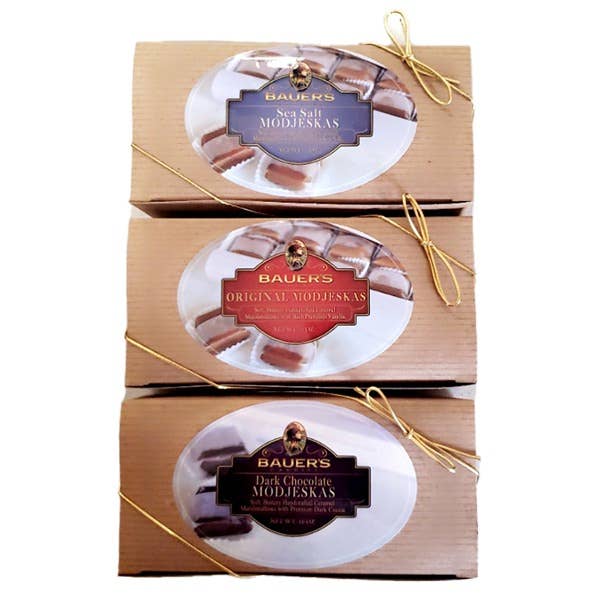 1lb Modjeskas Kraft Pinstripe Box for wholesale by Bauer's Candies, Inc.