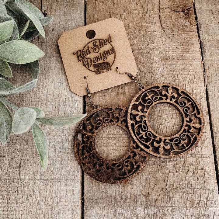 Boho Circle Hoop Wood Earrings With Feminine Details for wholesale by Red Shed Designs