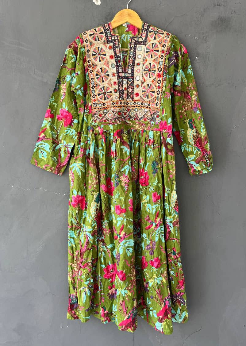 Bhawana Handicrafts - Wholesale Dress - Women's - Indian Bird Print Banjara Yoke Tunic Dress Long Cotton Gowns0