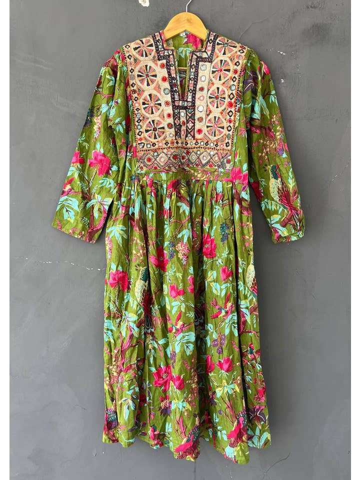 Bhawana Handicrafts - Wholesale Dress - Women's - Indian Bird Print Banjara Yoke Tunic Dress Long Cotton Gowns