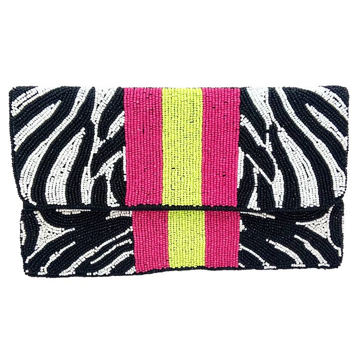 ZEBRA PRINT BEADED CLUTCH W/ PINK AND GREEN STRIPES for wholesale by Pizzazz, Inc.