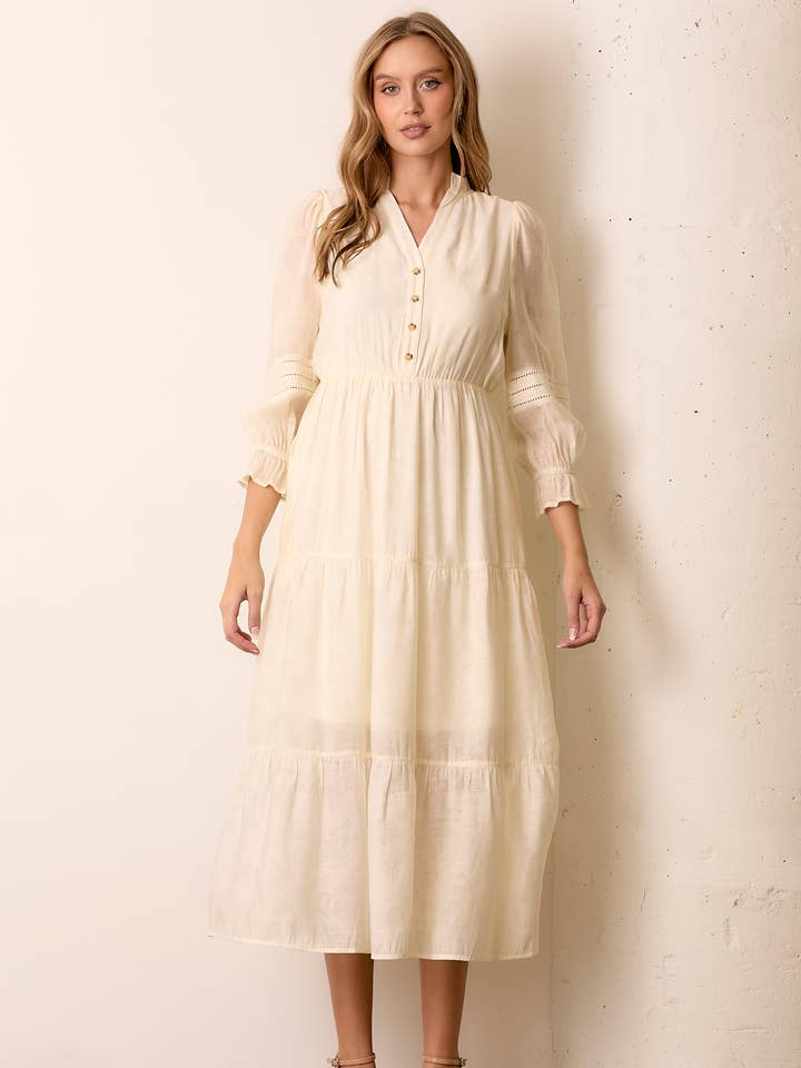 ABITO MIDI A MANICHE LUNGHE CON SCOLLO A V per la vendita all'ingrosso da parte di Polagram by Wellmade USA