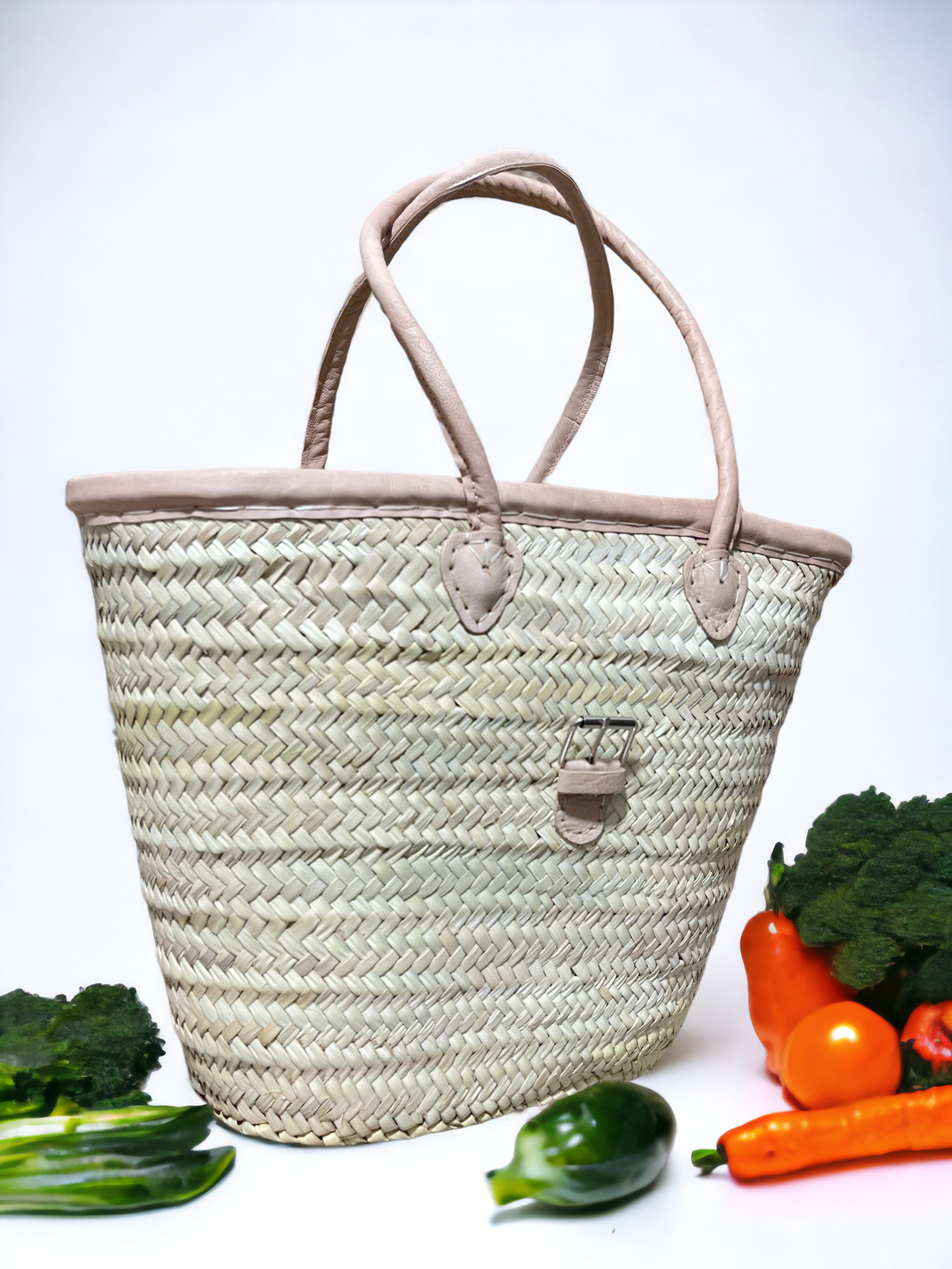 Melecraft - Wholesale Beach Bag - French Market Basket with Leather, trim buckle basket2
