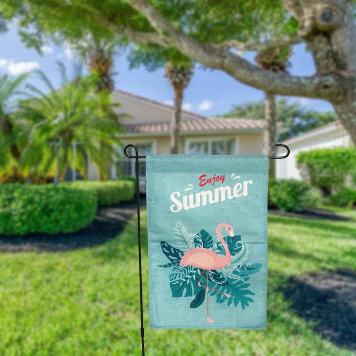 SALE Garden Flag - Enjoy Summer Pink Flamingo double sided for wholesale by iconic mi