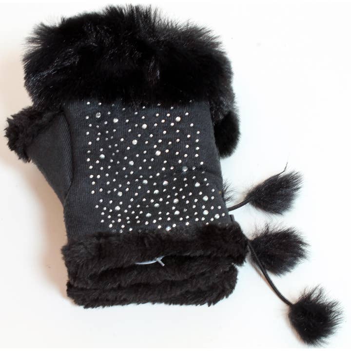 Black Faux Fur Clear Studded Fingerless Gloves for wholesale by Western Counties Wholesale