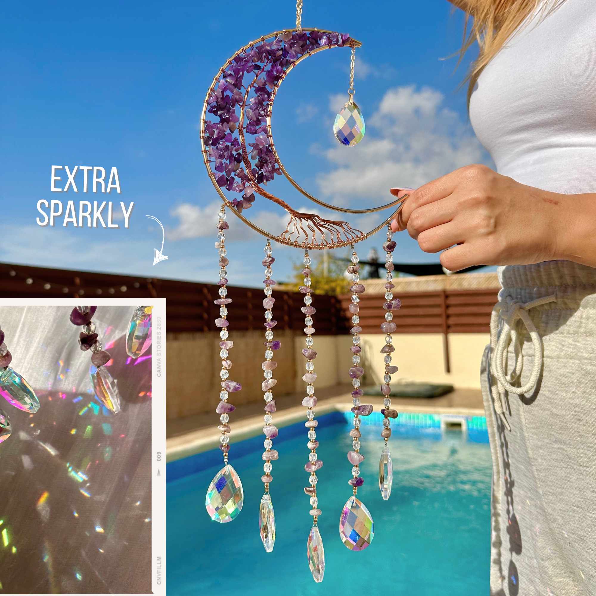 LilAryenne | Jewelry & Suncatchers - Vente Attrape-soleil - Lanceur de soleil Lune de cristal : Améthyste, Agate rouge, Quartz rose - Cadeau5