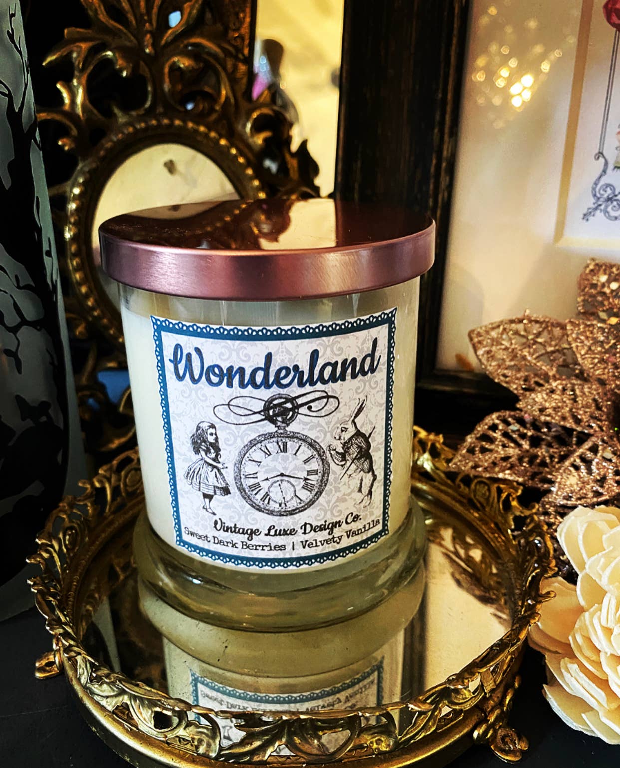 Alice Wonderland 10 Oz Soy Wax Candle Whimsy Berry Vanilla for wholesale by Vintage Luxe Design Co.