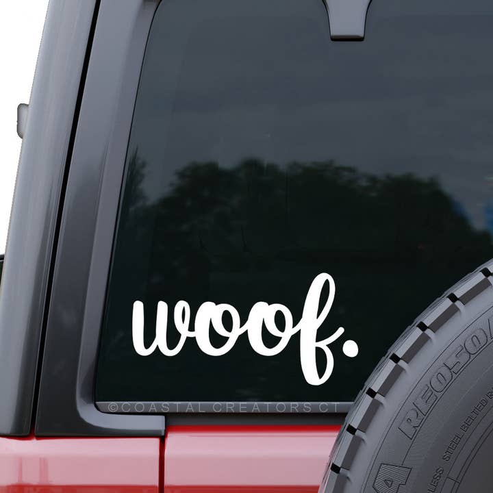 Dog Woof White Vinyl Car Window Decal (Packaged, 2 Sizes) for wholesale by Coastal Creators of Connecticut