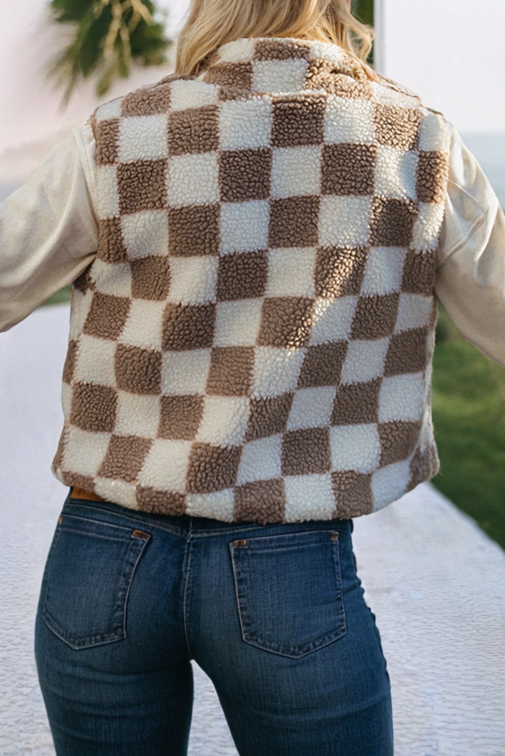 Khaki Vest LDC Checked Snap Button Sherpa Jacket for wholesale on Faire1