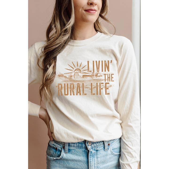 Livin The Rural Life, Rustic Chic, Western, Long Sleeve Tee for wholesale by Kissed Apparel