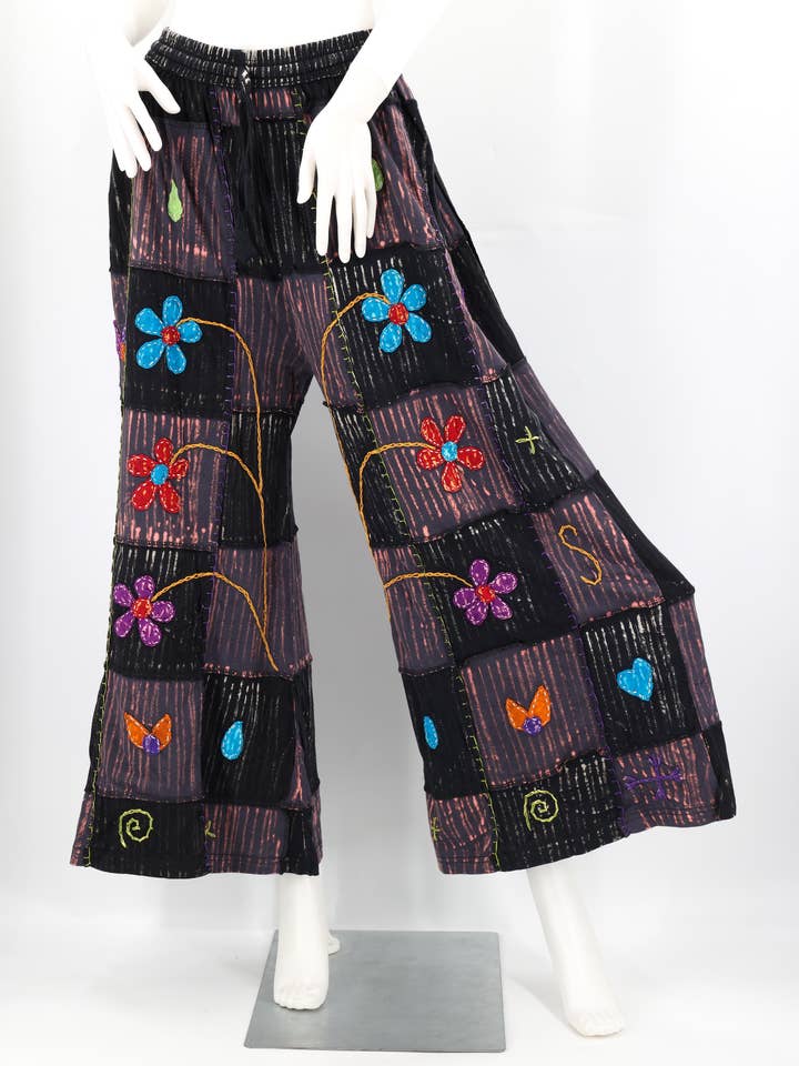 Cotton Hippie Handmade Harem Flower Embroidered Overlock Patchwork Bohemian Trousers for wholesale by Himalaya Handmade