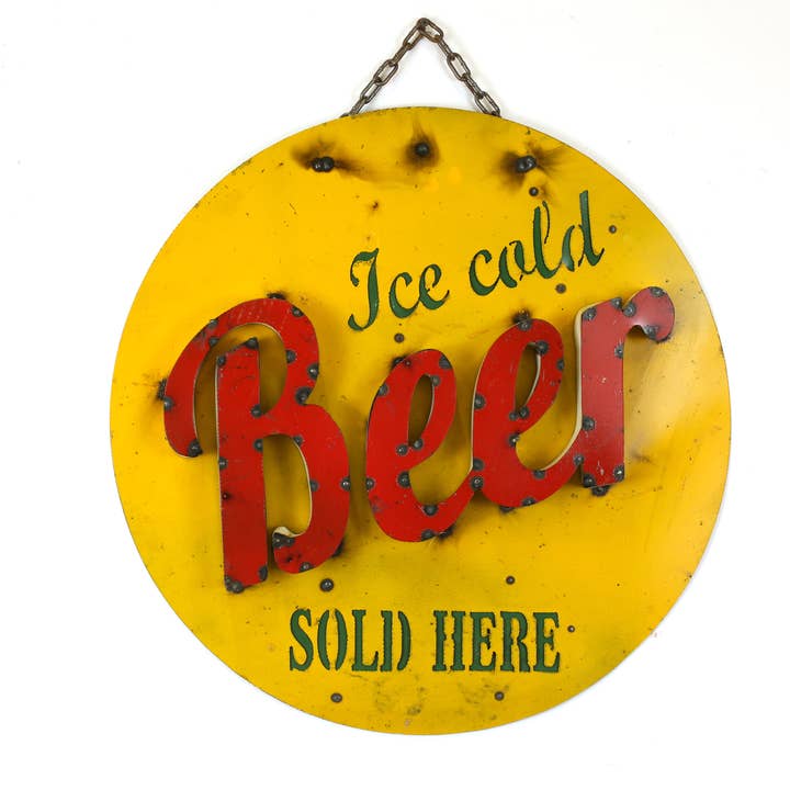 Ice Cold Beer Sold Here Round Metal Sign-24 inch-Round Sign for wholesale by My Amigos Imports