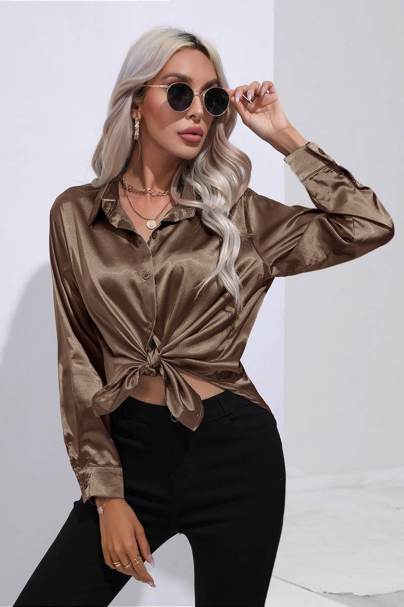 NINEXIS - Wholesale Button Down Shirt - Women's - CWTBLL0690_Button Down Silky Satin Long Sleeve Top84