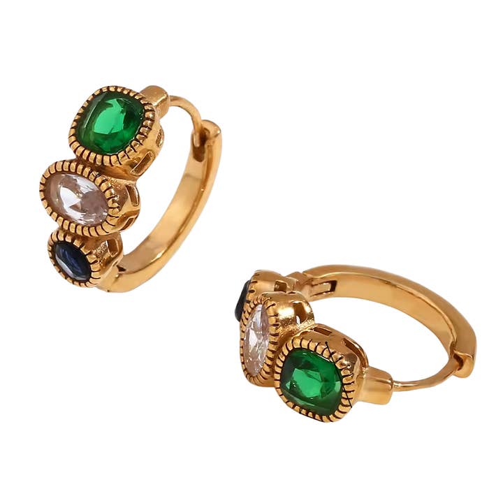 Bezel Trio Huggie Earrings 18k Gold Plated Stainless Steel for wholesale by Deep South Originals Inc.